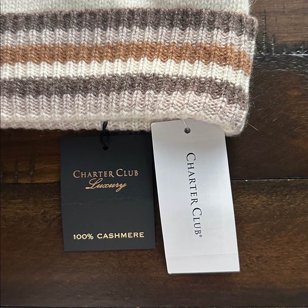 Charter Club Cream Cashmere Beanie with Stripes NWT - Picture 2 of 3